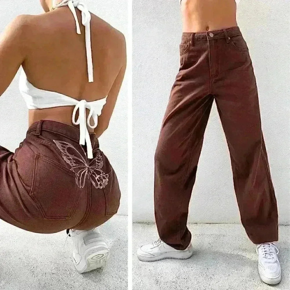 Tiger Mist Pants - NWT Tiger Mist Pipa Jean Chocolate Faded Butterfly Print Slouchy Straight Leg